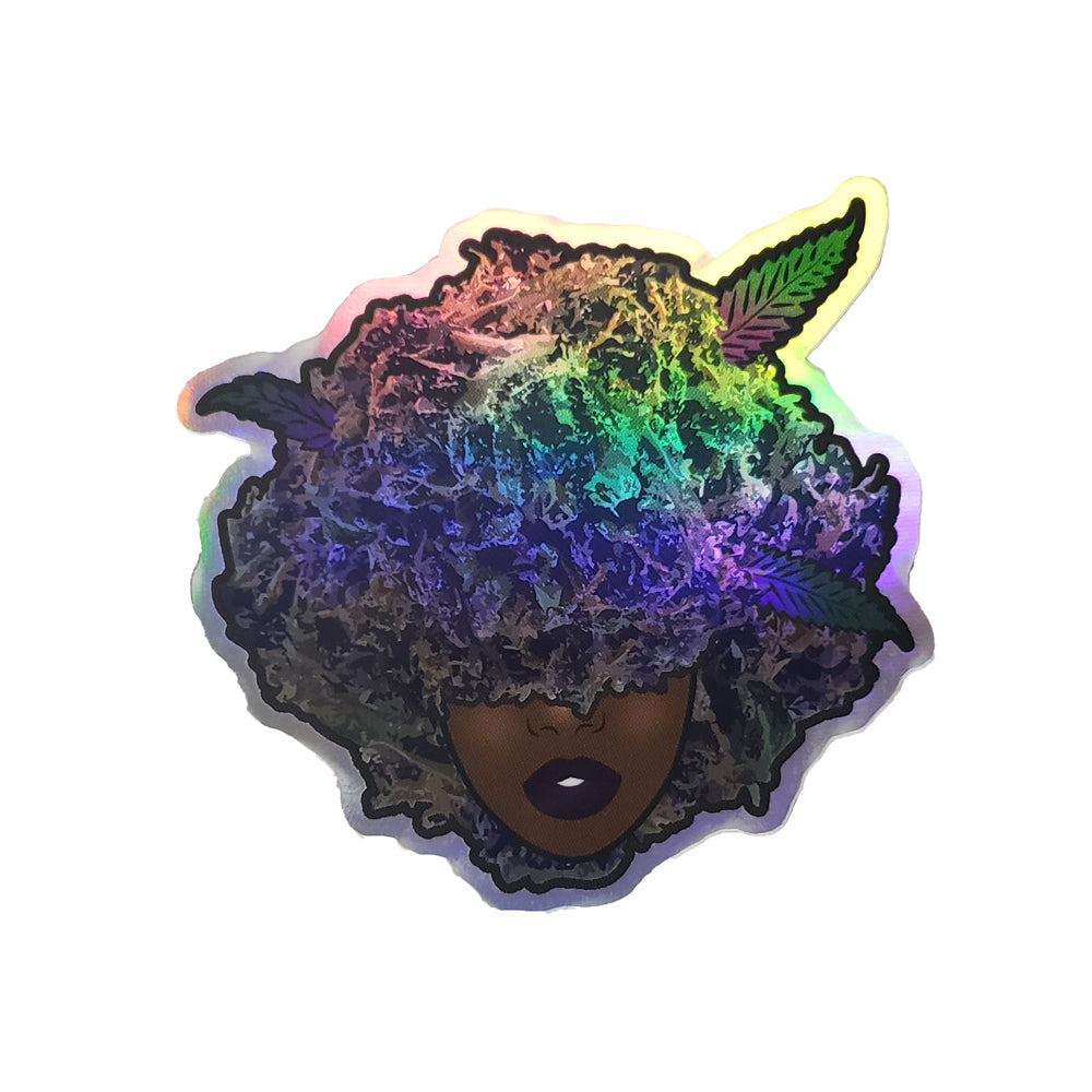 Black girl with cannabis afro holographic sticker showcasing rainbow holographic colors