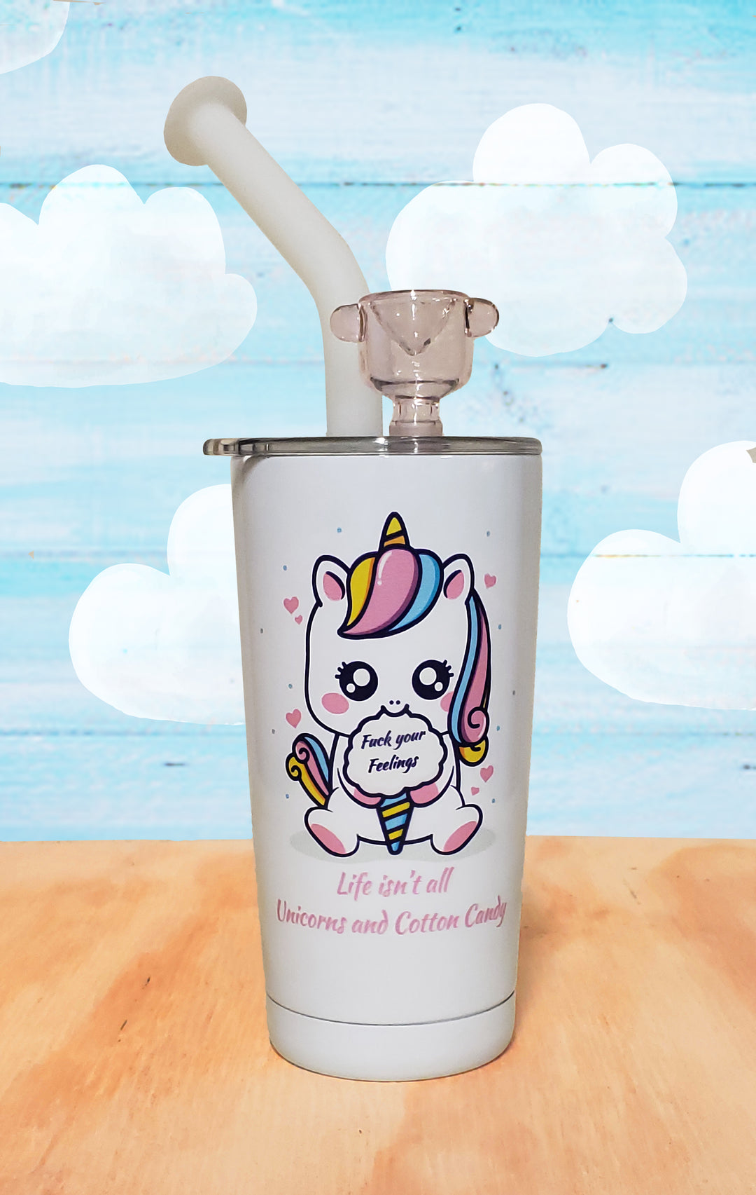 OG 20oz Polar Blast with Unicorn holding cotton candy. With saying "Life isn't all unicorns and cotton candy, Fuck your feelings"