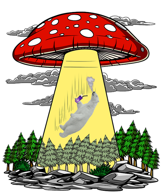 A cap of a mushroom as an alien spaceship abducting a polar bear holding a Polar Blast