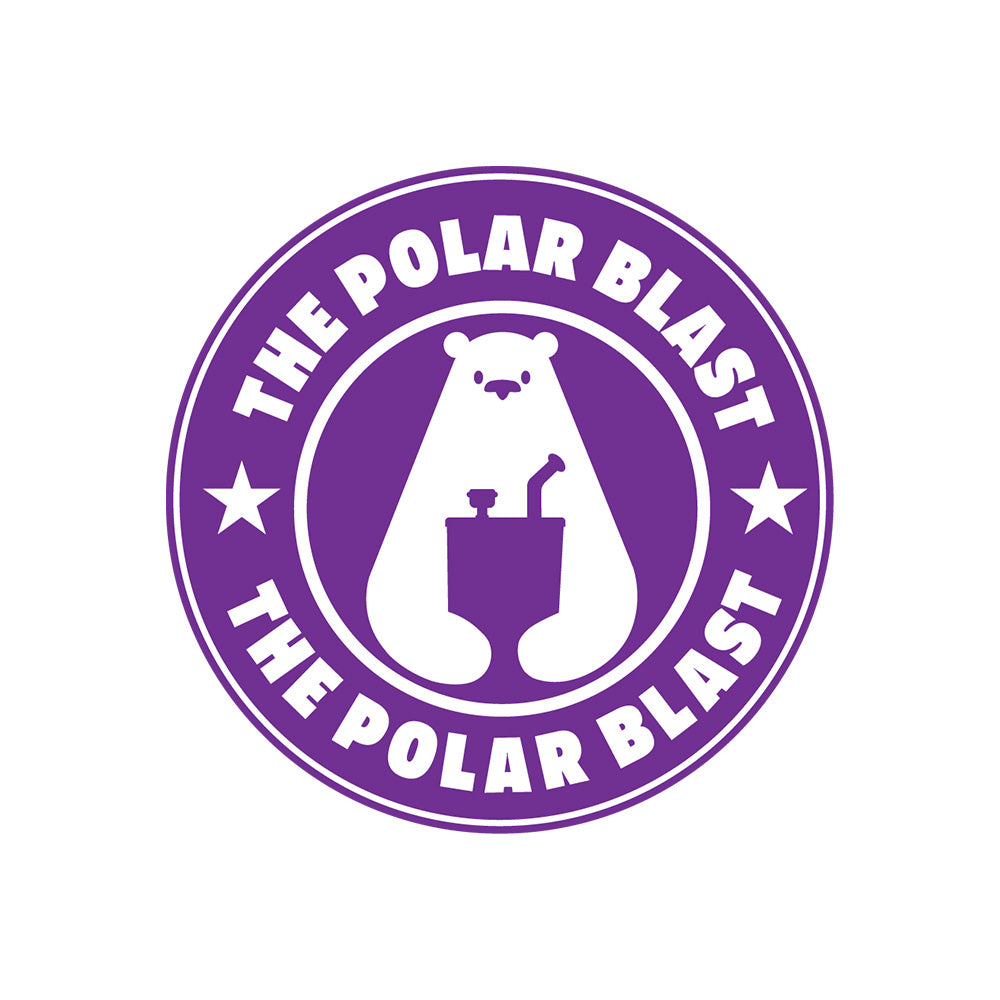 Circle Sticker in purple with a cartoon polar bear holding a polar blast. The words The Polar Blast surround the polar bear. 