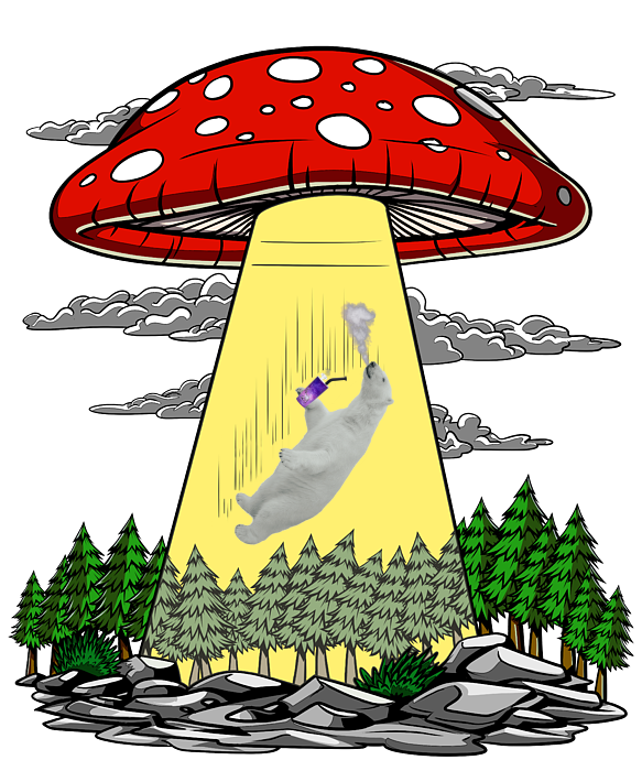 A cap of a mushroom as an alien spaceship abducting a polar bear holding a Polar Blast
